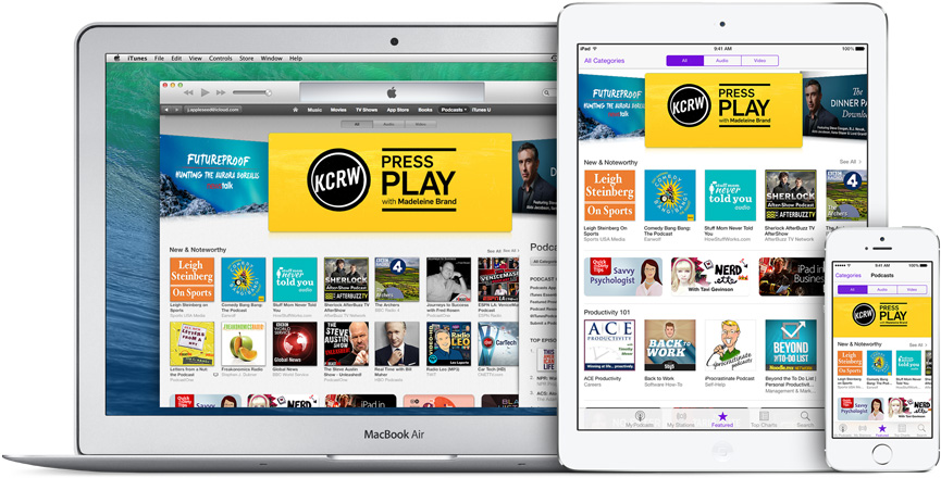 photo of a laptop, tablet and phone all showing the Apple Podcast app