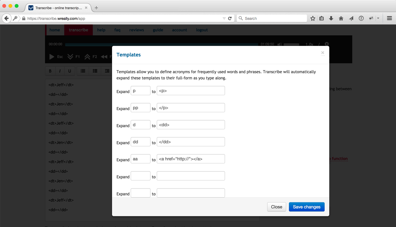 Screenshot of Transcribe's template feature